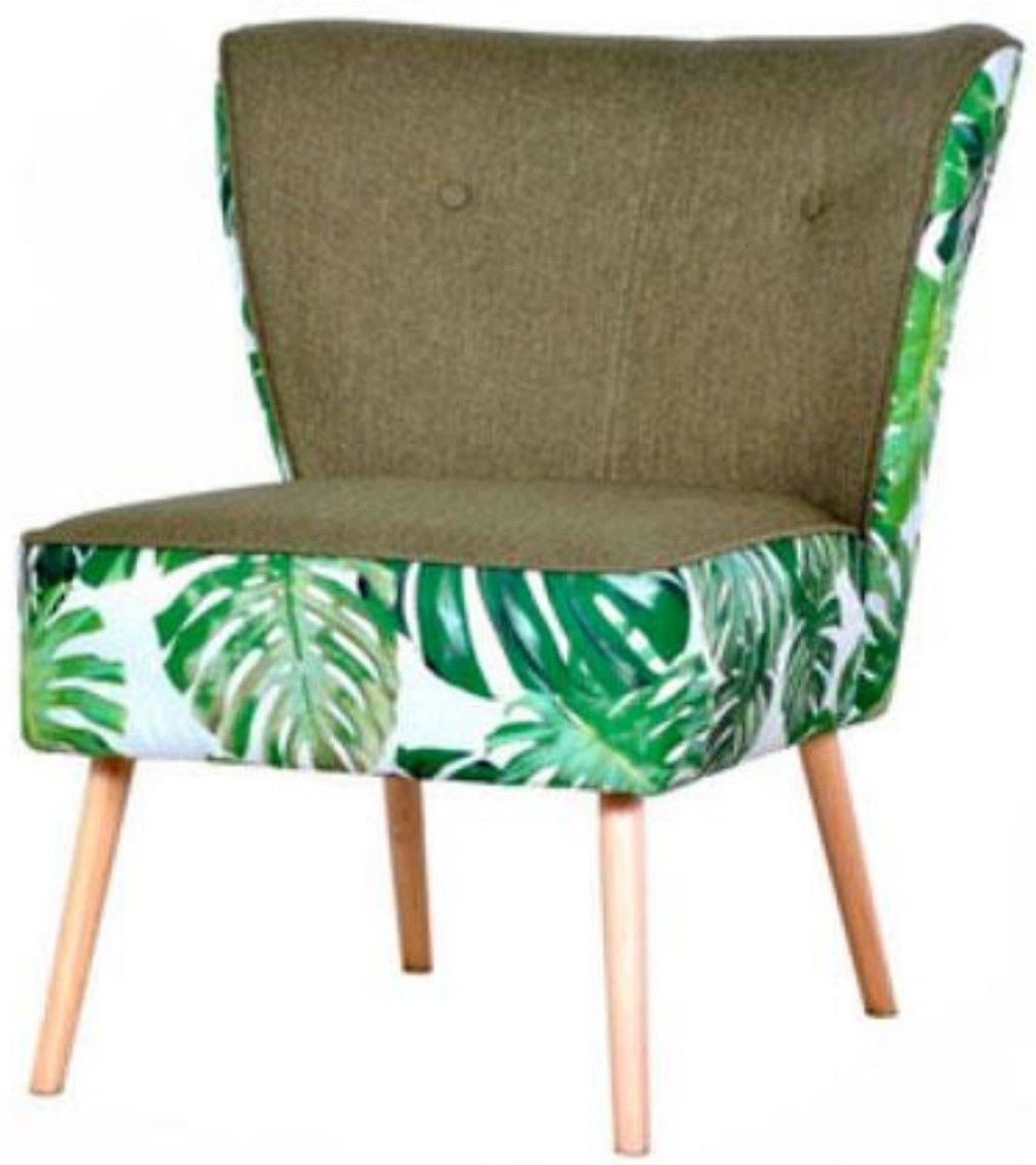 60er Jahre Esszimmer Stuhl Grün / Weiß / Naturfarben 50 x 72 x H. 77 cm - Retro Küchen Stuhl mit Palmenblätter Design - 60er Jahre Esszimmer Möbel - Retro Esszimmer Möbel