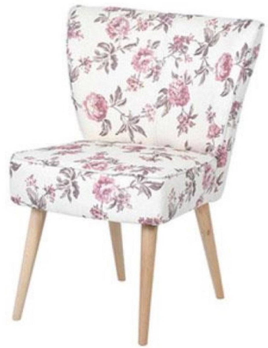 60er Jahre Esszimmer Stuhl Weiß / Rosa / Grau / Naturfarben 51 x 68 x H. 88 cm - Retro Küchen Stuhl mit Blumenmuster - 60er Jahre Esszimmer Möbel - Retro Esszimmer Möbel